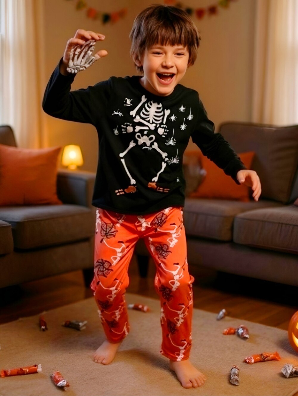 SHEIN ✦ Skull Spider Halloween PJ Set ✦ Orange Black Graphic Tee Pants Soft 10